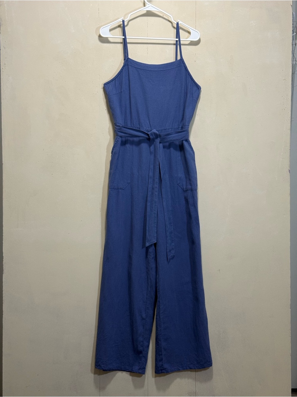 Market & Spruce Women’s Sz M Blue Linen-Blend Sleeveless Jumpsuit with Waist Tie